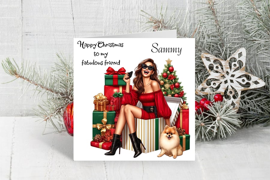 Personalised Fashionable Girl Christmas Card. Design 2