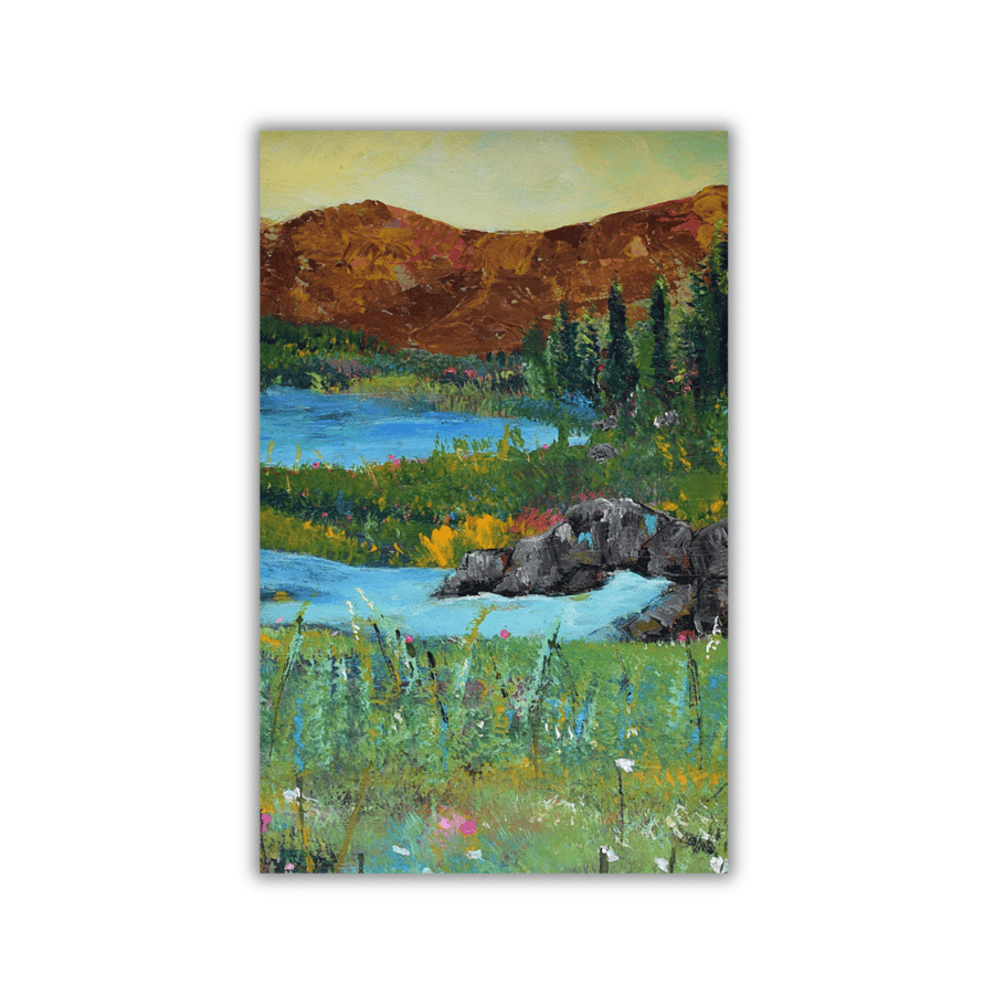 A mounted acrylic painting - Scottish landscape - lochs