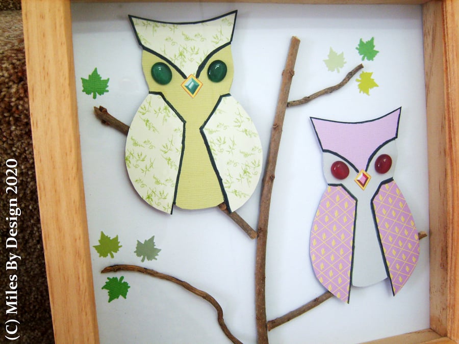 Handcut Paper Owls In Wooden Box Frame Display