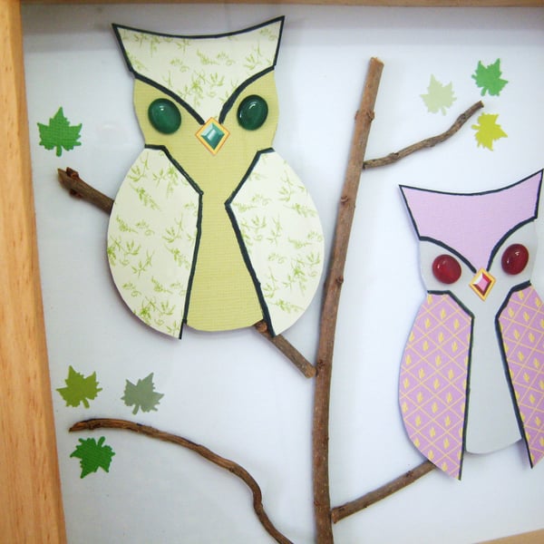 Handcut Paper Owls In Wooden Box Frame Display