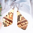 African Motif Earrings – Wooden Teardrop Dangles with Shiny Golden Finish