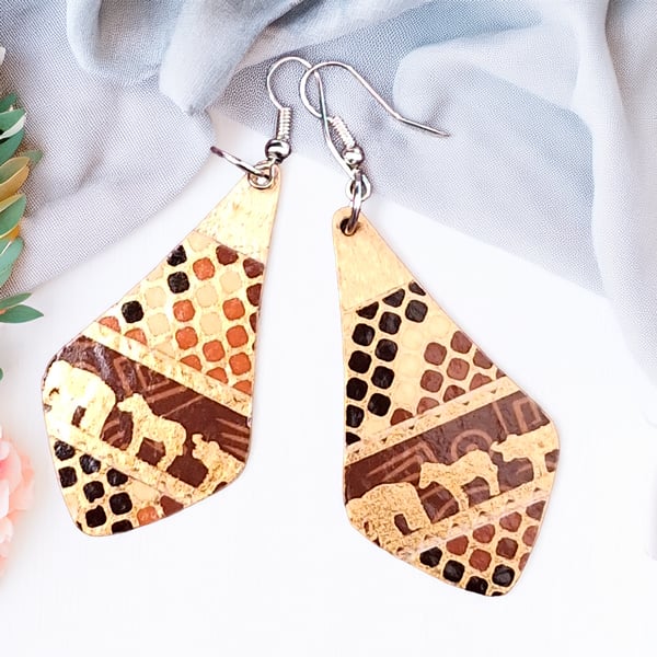 African Motif Earrings – Wooden Teardrop Dangles with Shiny Golden Finish