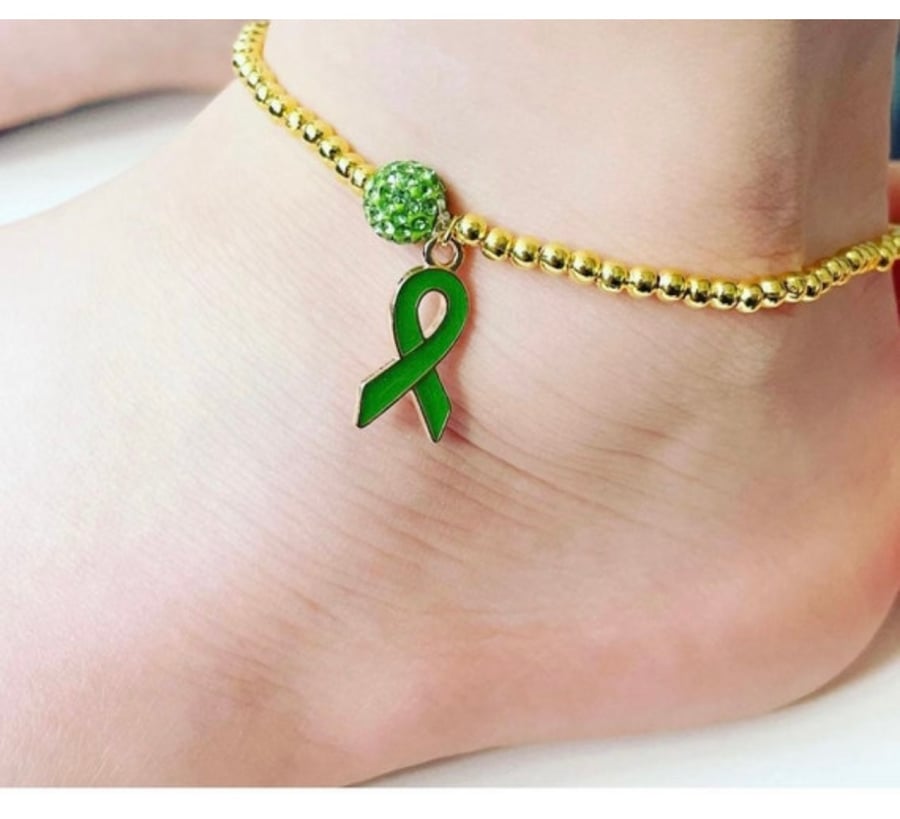 Green ribbon charm goldtone beaded anklet ladies gift anklet 