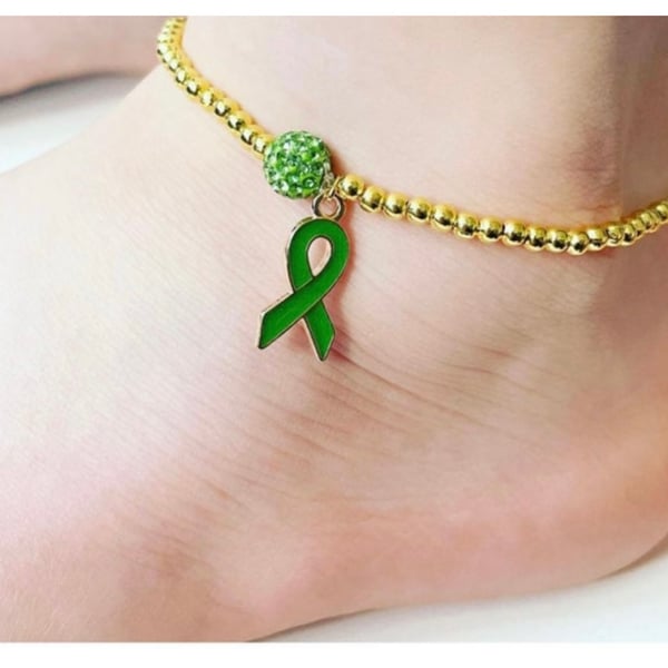 Green ribbon charm goldtone beaded anklet ladies gift anklet 