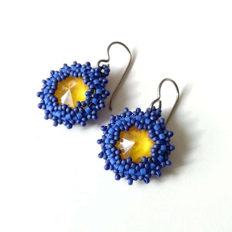 Purple and Yellow  Anemone Flower Earrings