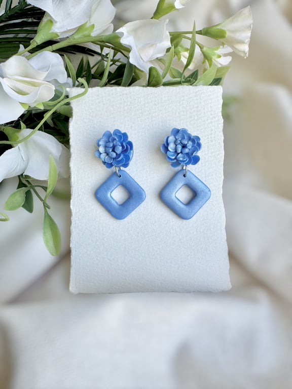 Hydrangea and Blue Diamond Polymer Clay Earrings