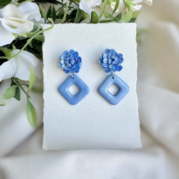Hydrangea and Blue Diamond Polymer Clay Earrings