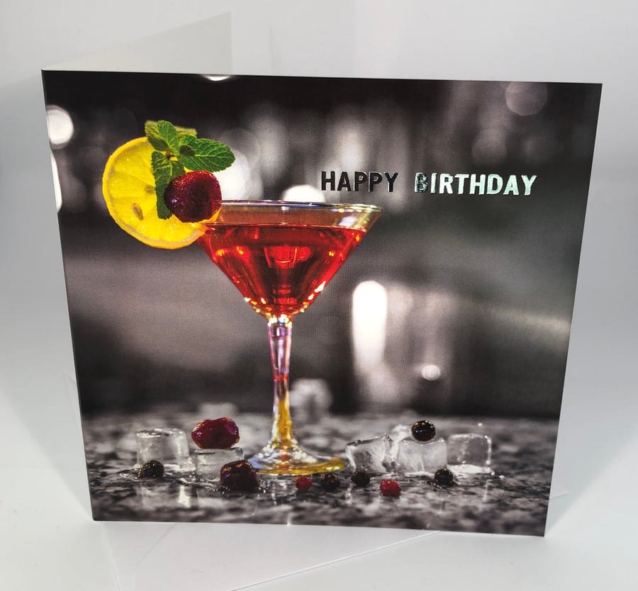 Birthday Card - Red Cocktail - Silver Foil