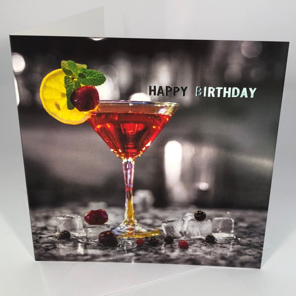 Birthday Card - Red Cocktail - Silver Foil