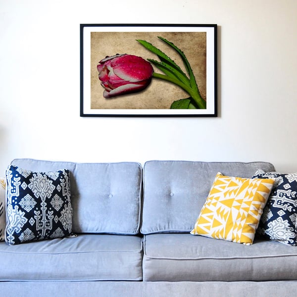 Pink tulip with raindrops against a textured background wall art print