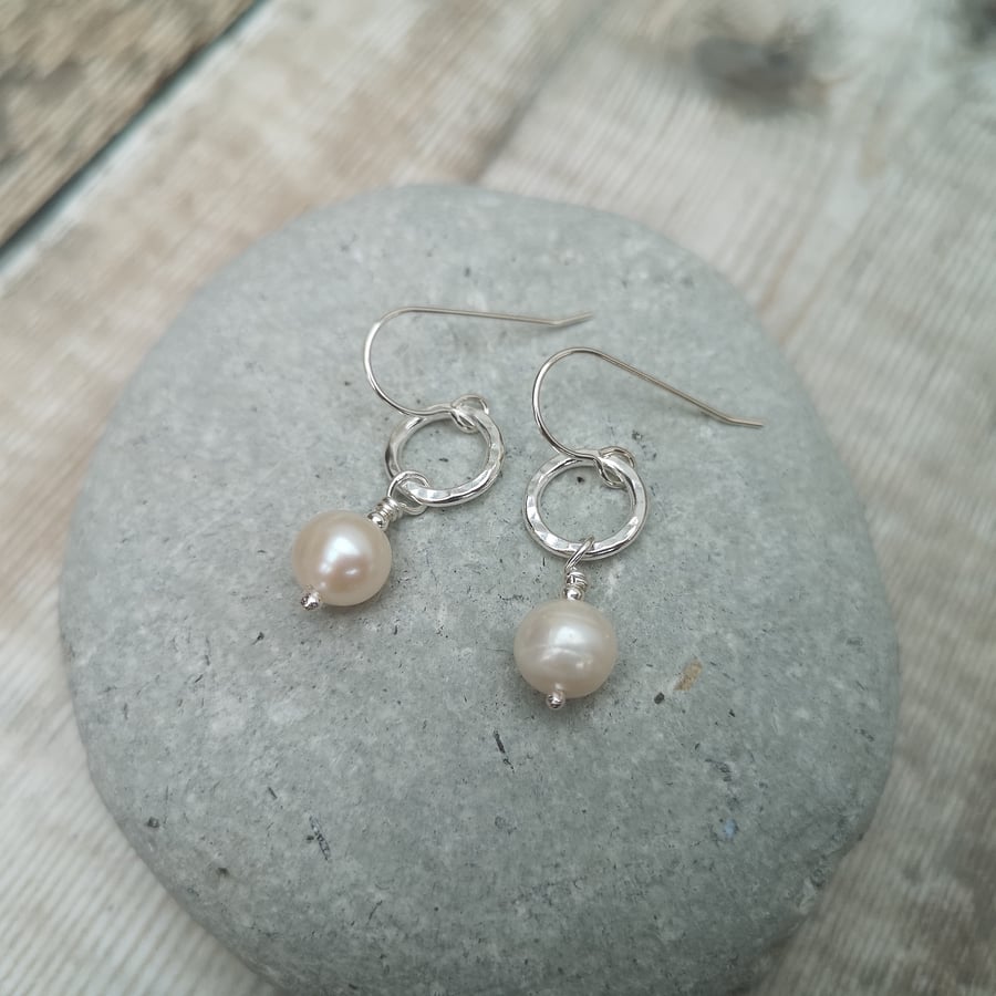 Pearl and Sterling Silver Drop Earrings, Hoop Earrings, SILV098