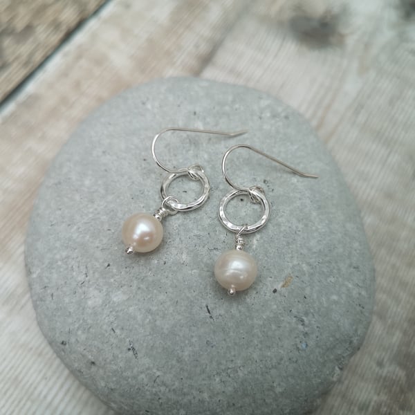 Pearl and Sterling Silver Drop Earrings, Hoop Earrings, SILV098