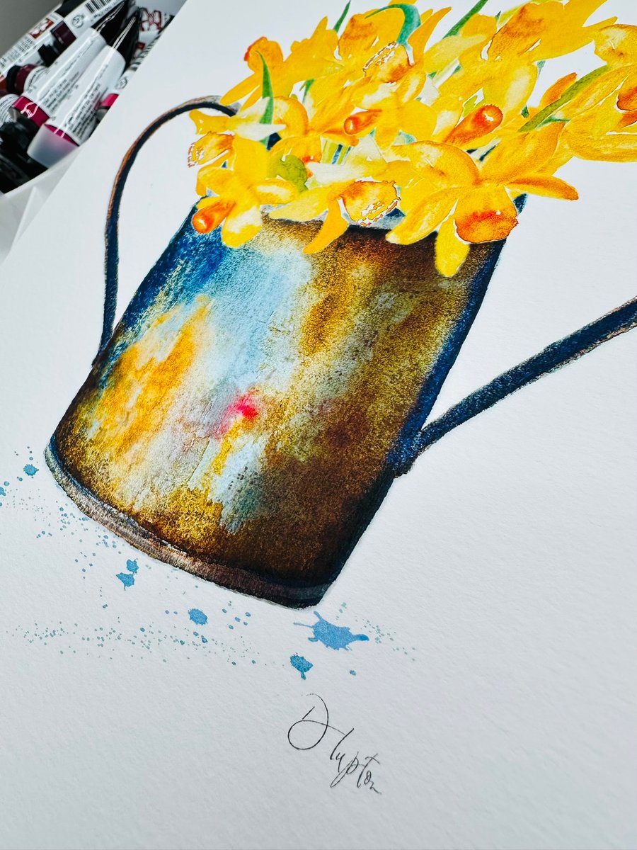 Watercolour Print Vintage Dual Handle Pot Full of Daffodils