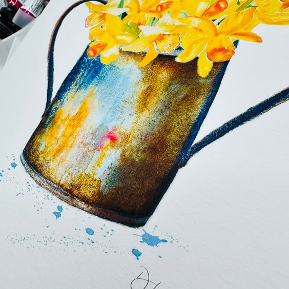 Watercolour Print Vintage Dual Handle Pot Full of Daffodils