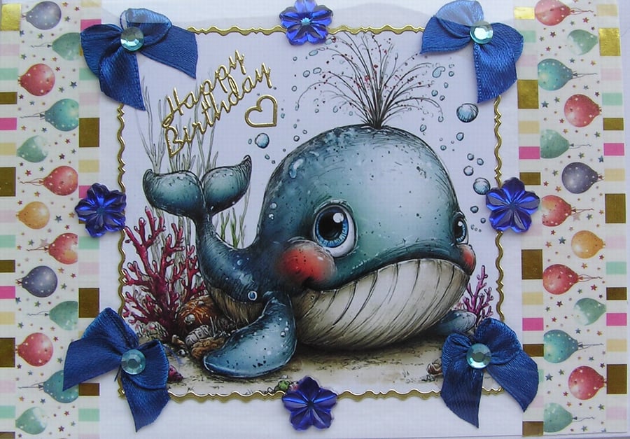 Cartoon Whale - Hand Crafted Decoupage Greeting Card - Happy Birthday - 3343