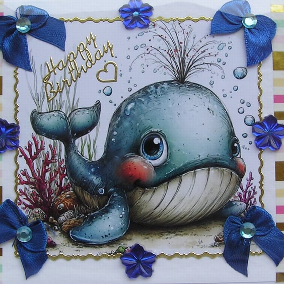 Cartoon Whale - Hand Crafted Decoupage Greeting Card - Happy Birthday - 3343