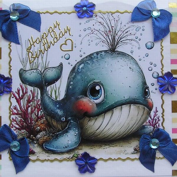 Cartoon Whale - Hand Crafted Decoupage Greeting Card - Happy Birthday - 3343