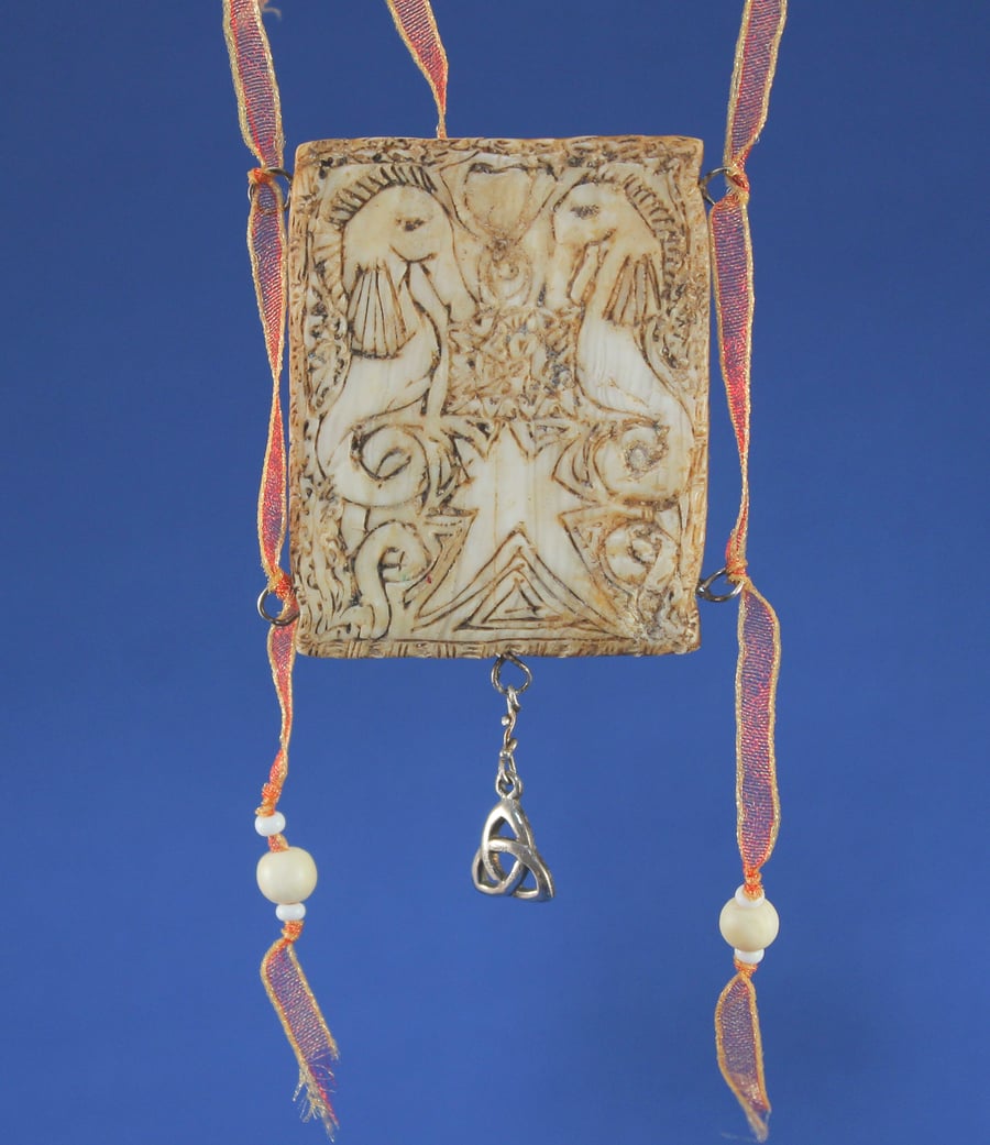 Seahorses Rectangular Simulated Ivory Pendant