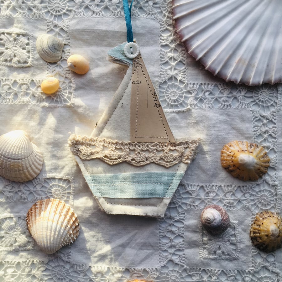 Wool felt hanging sail boat decoration - blue
