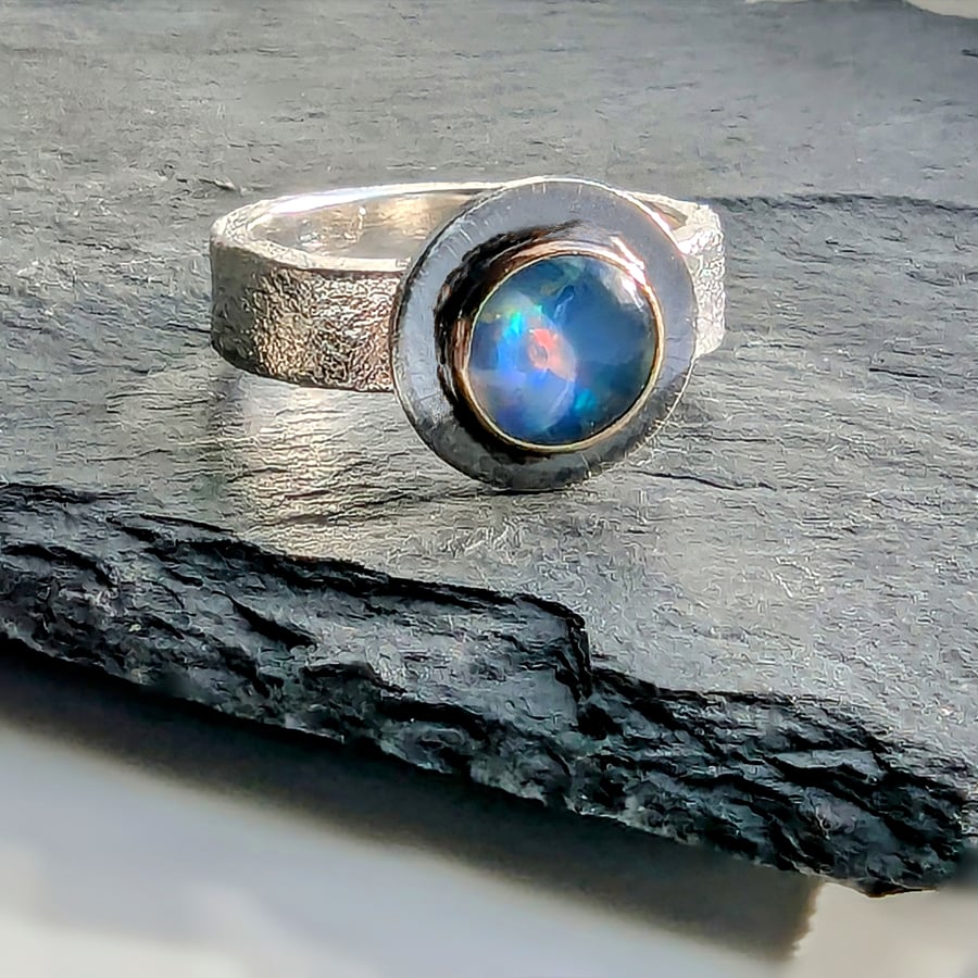 STERLING SILVER and Gold Opal Ring, Handmade Urban design Jewellery