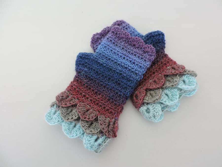 Fingerless Mitts with Dragon Scale Cuffs Mauve, Blues, Rust and Taupe