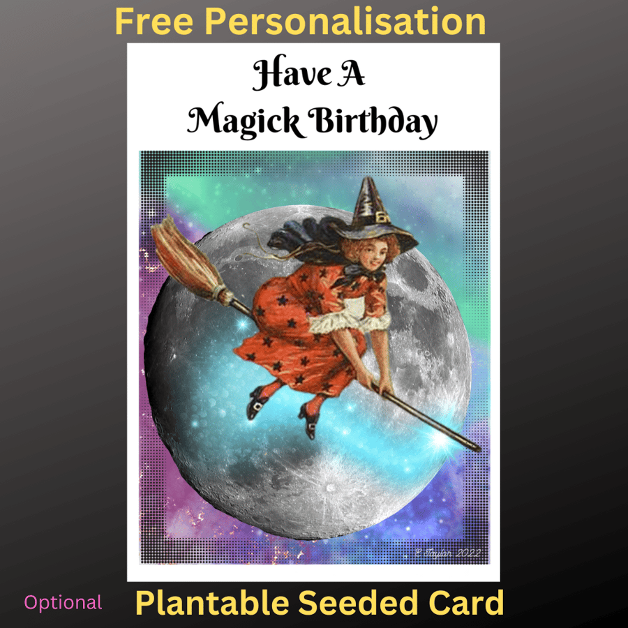 Have A Magick Birthday Card Flying Witch Personalised Seed Opt  Wiccan Pagan
