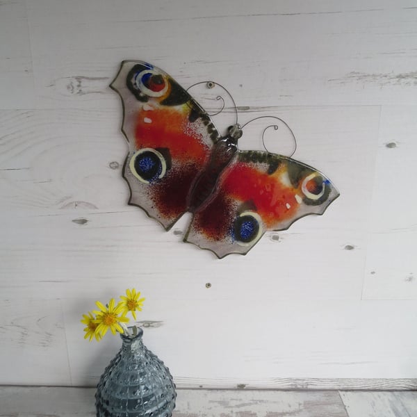 Peacock Butterfly Wall Hanging - Fused Glass Ornament - Window or Wall Art