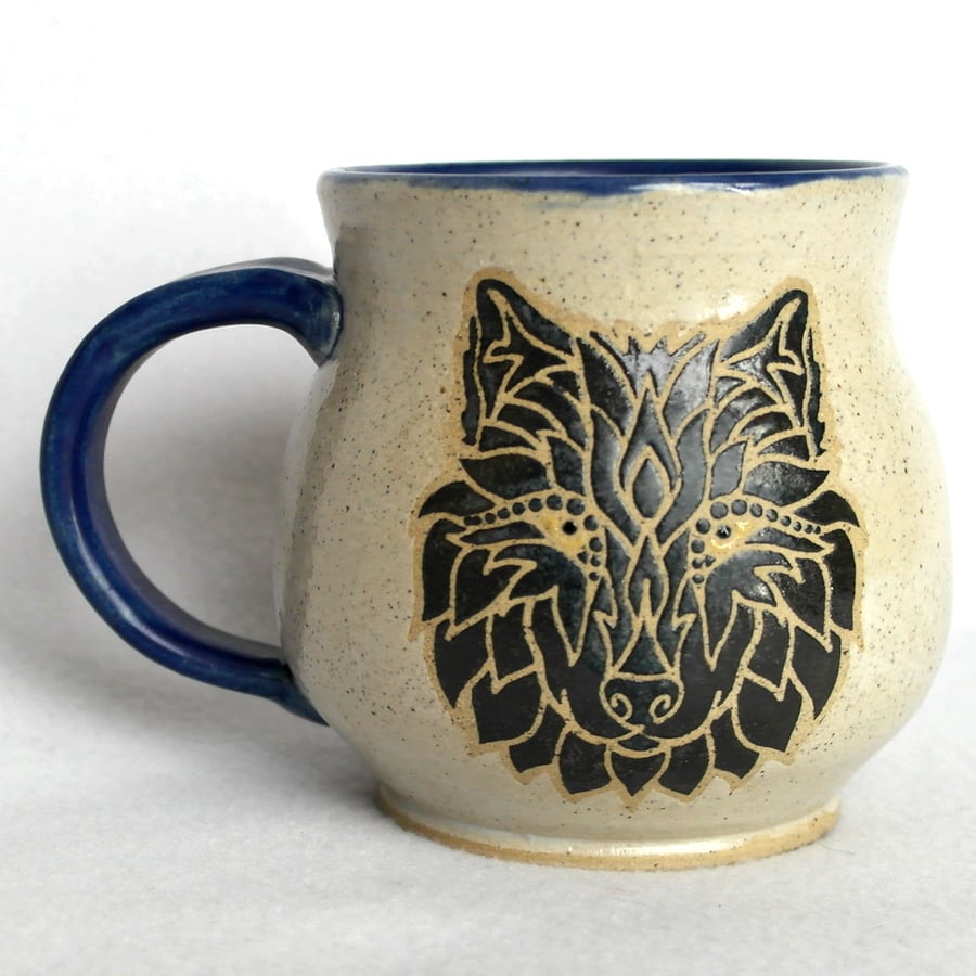 19-108 Handmade Stoneware Wolf Wolves Mug