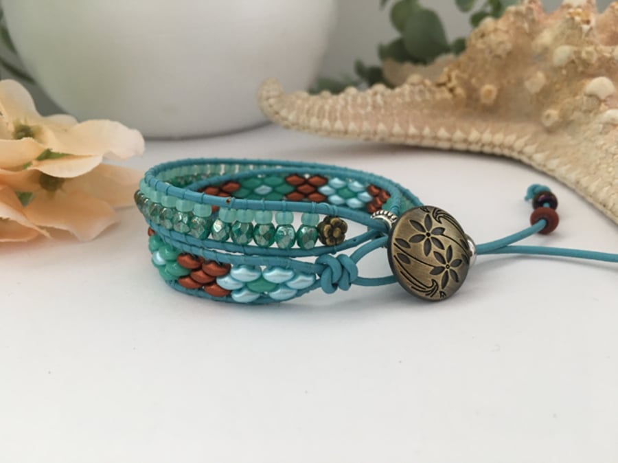 Leather wrap 2 x beaded adjustable boho bracelet