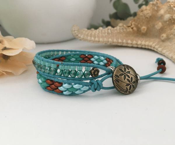 Leather wrap 2 x beaded adjustable boho bracelet