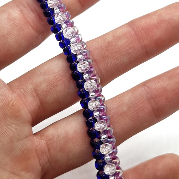 Pink, royal blue and silver tennis-style beaded bracelet