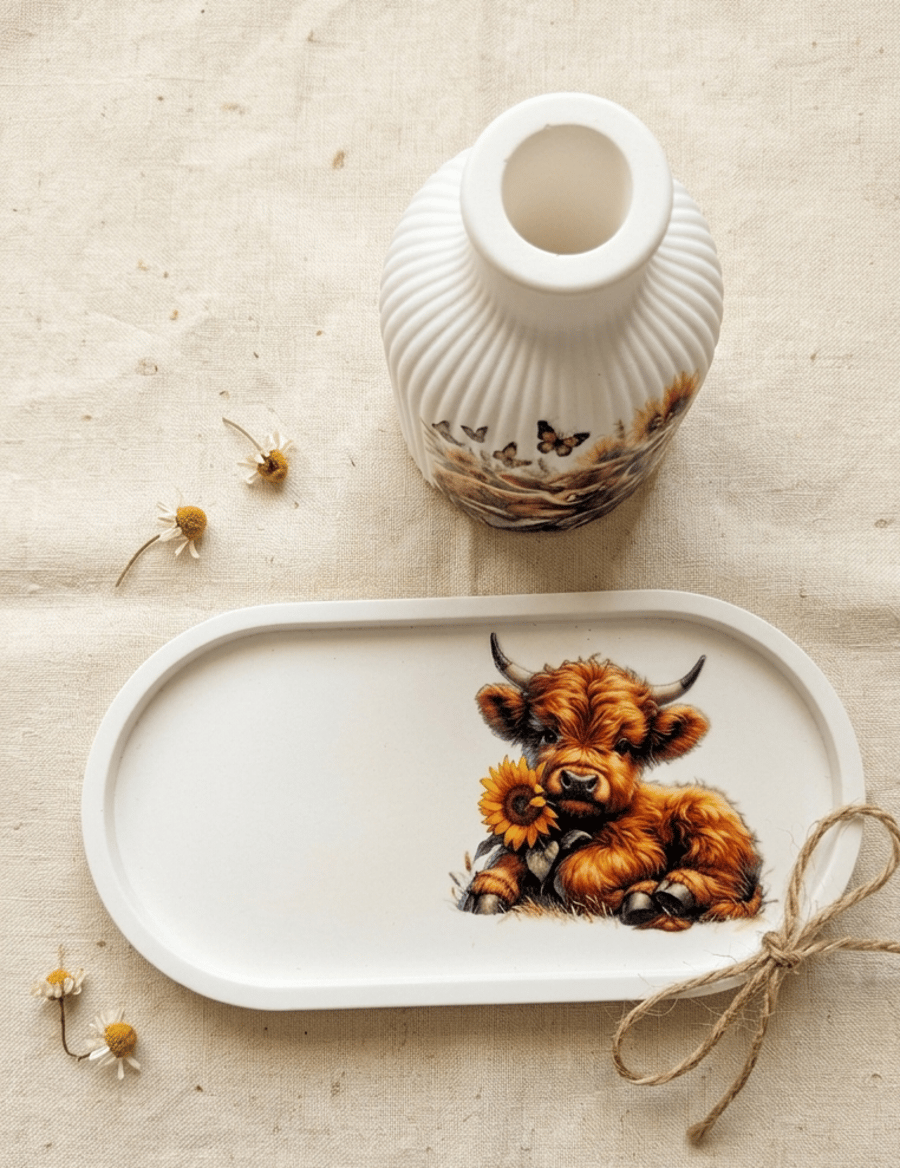 Highland Cow Gift Set   Vase and Trinket Dish Sunflower Highland Calf 