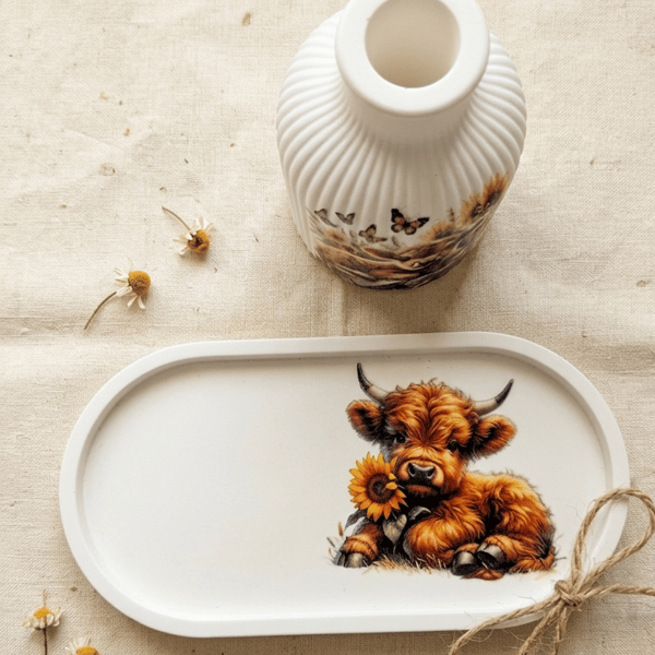 Highland Cow Gift Set   Vase and Trinket Dish Sunflower Highland Calf 