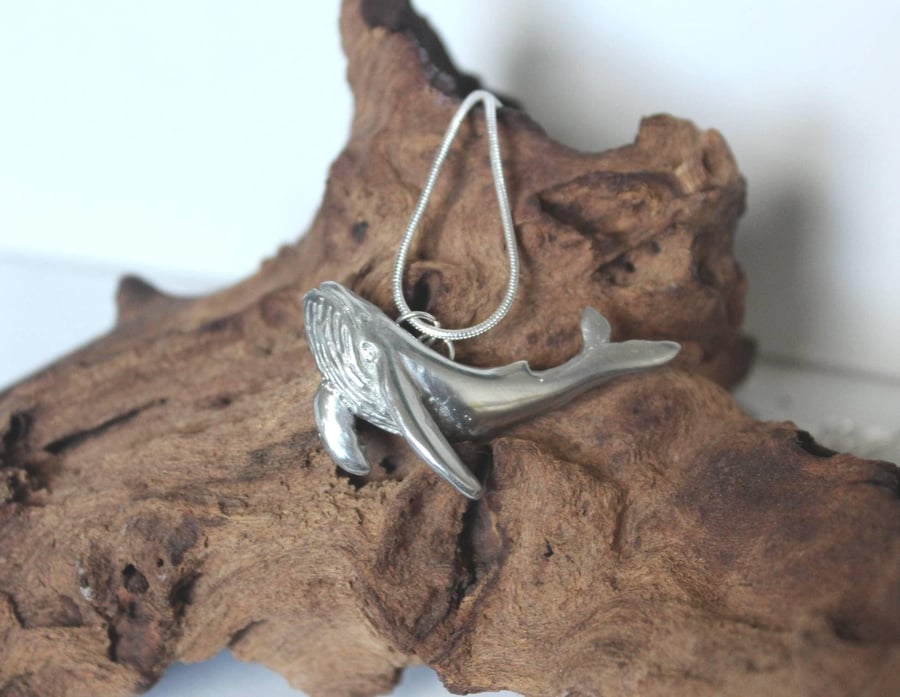 Handmade Whale Necklace recycled pewter; Humpback Whale Sculpute Silver Snake Ch