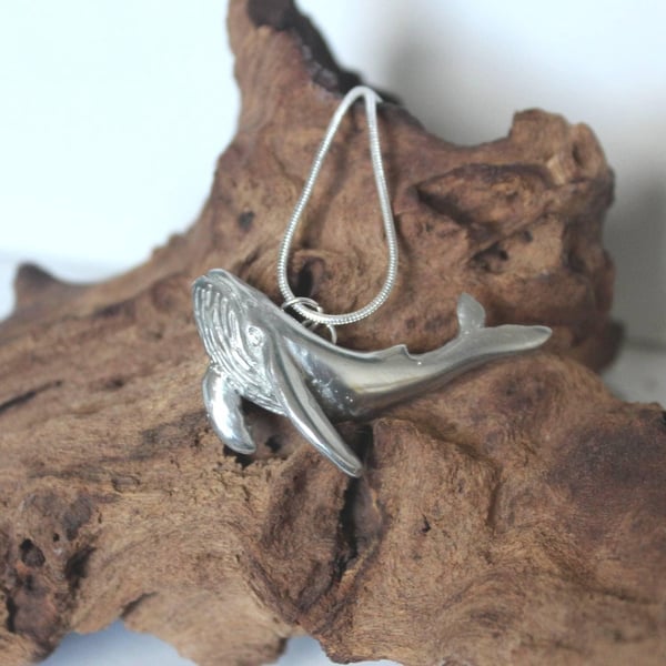 Handmade Whale Necklace recycled pewter; Humpback Whale Sculpute Silver Snake Ch