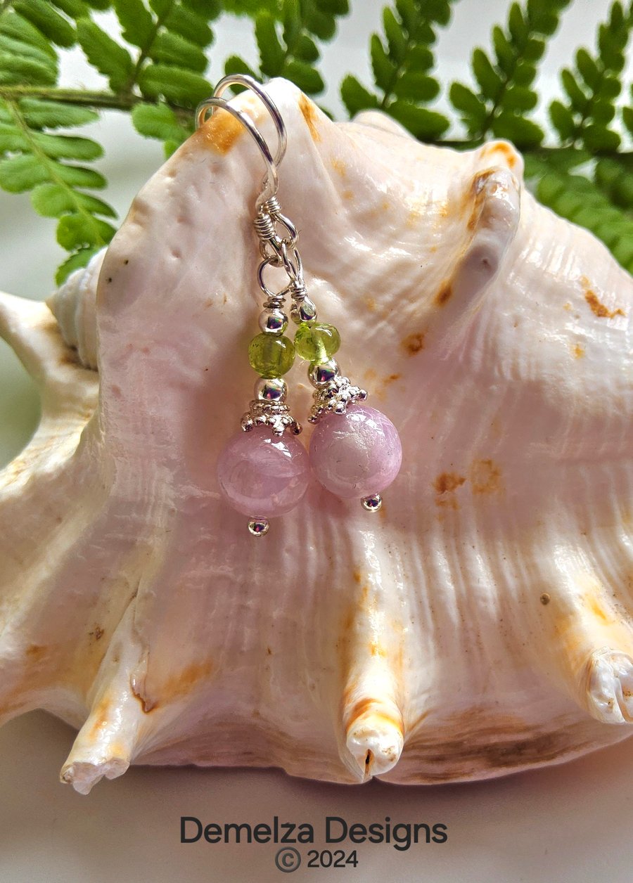 Desgner Pink Kunzite & Peridot Sterling Silver Earrings 