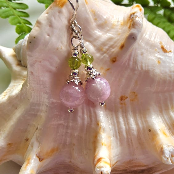 Desgner Pink Kunzite & Peridot Sterling Silver Earrings 