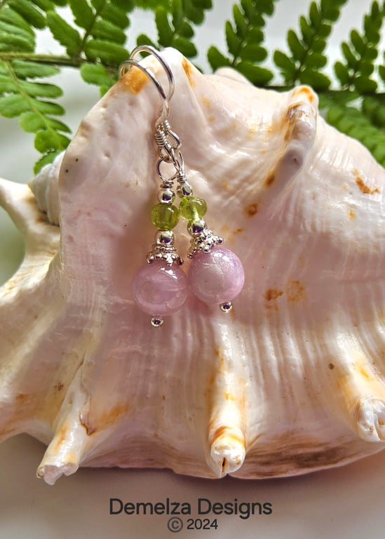 Desgner Pink Kunzite & Peridot Sterling Silver Earrings 