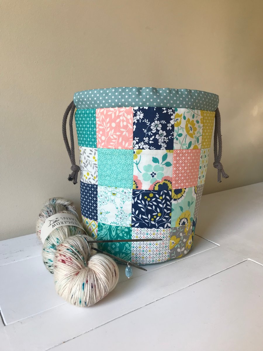 Pretty blue floral patchwork sock knitters bag 