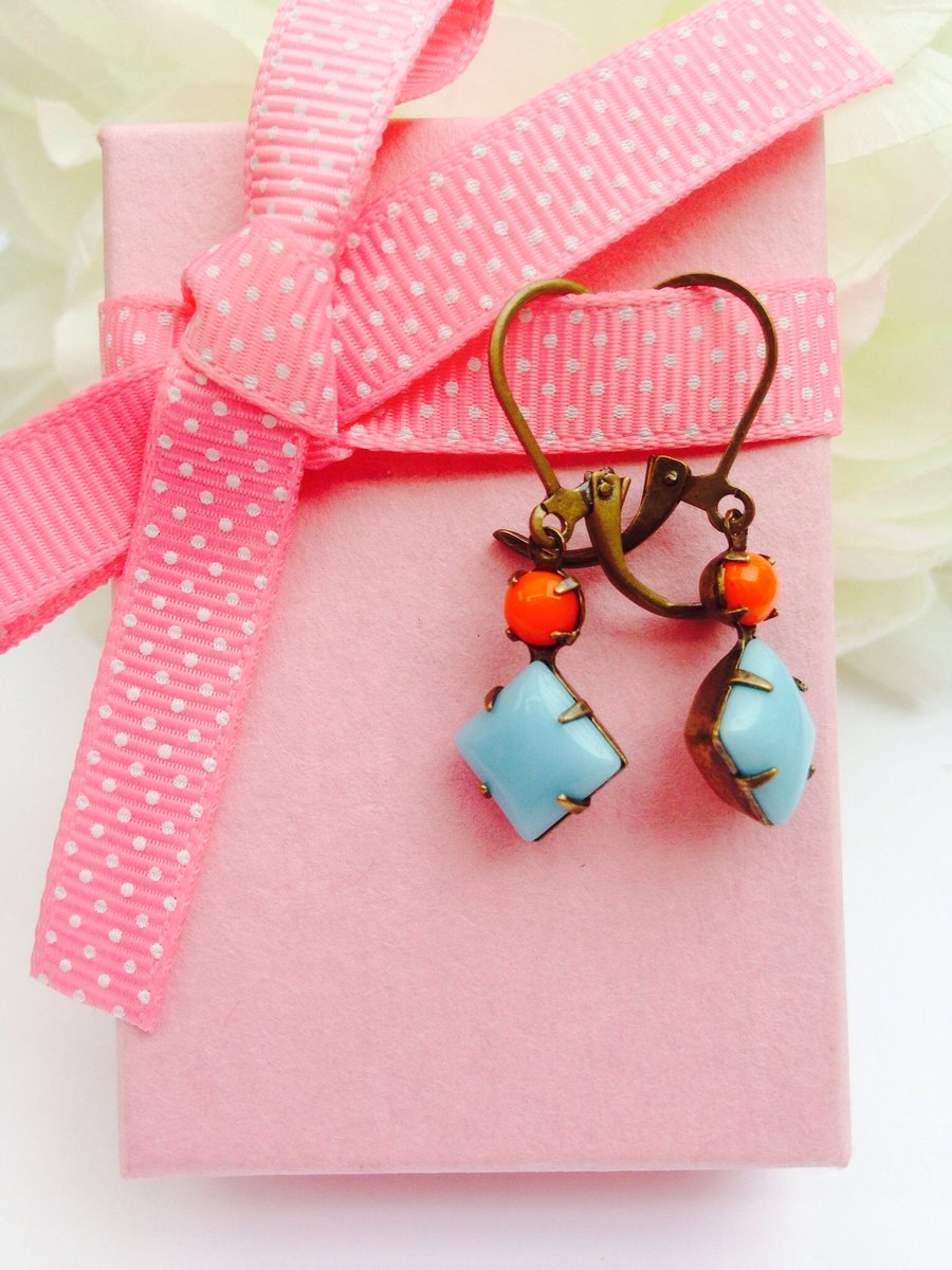 Vintage glass earrings, turquoise and orange