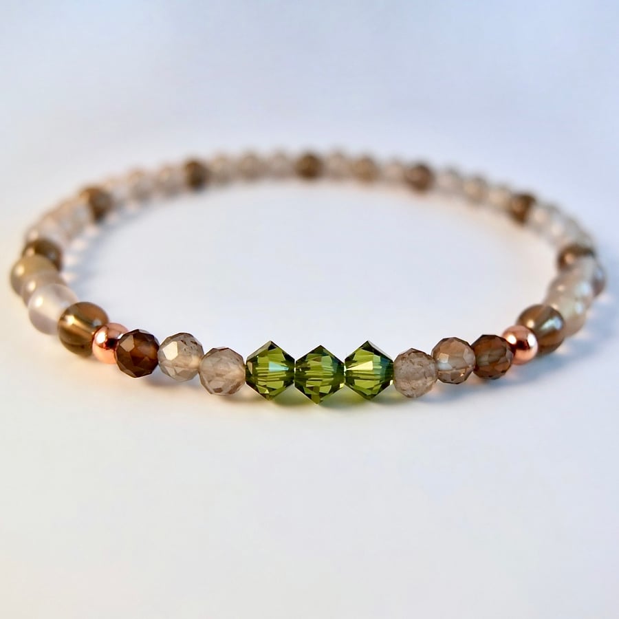 Smoky Quartz And Grey Agate Bracelet With Swarovski Crystals - Handmade In Devon