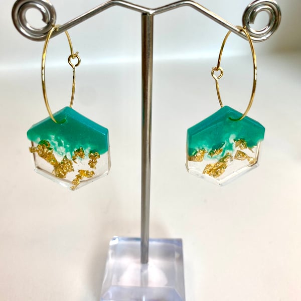 Handmade emerald green resin and gold flake hexagonal hoop earrings