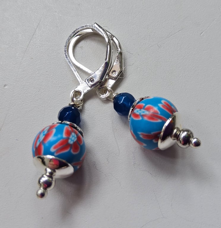 Dainty Polymer Clay Bead & Faceted Dyed Blue Agate Silver Plate Earrings