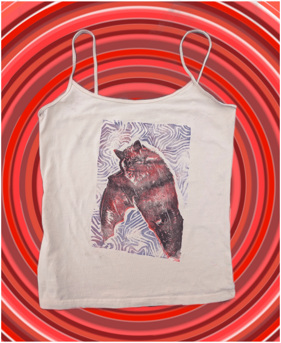 Handprinted lino bat gothic upcycled medium tank top