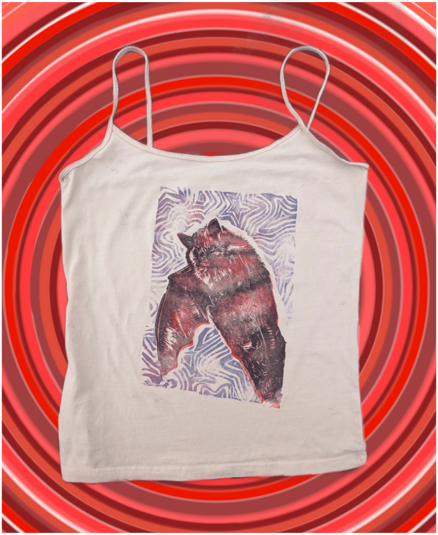 Handprinted lino bat gothic upcycled medium tank top