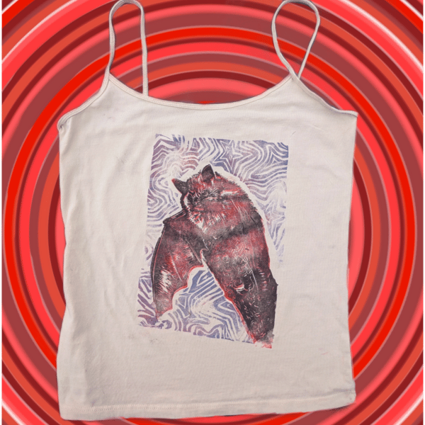 Handprinted lino bat gothic upcycled medium tank top