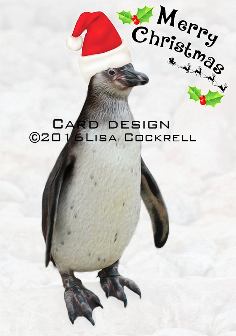 Handmade Penguin In Santa Hat Christmas Card