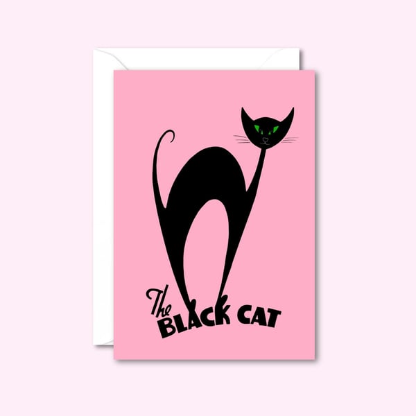 Pink Cat Greetings Card - Atomic Black Cat - Mid Century Graphics - Blank Card