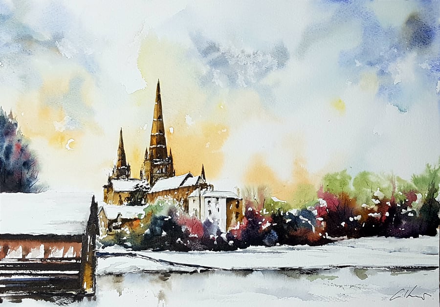Lichfield Cathedral, Original Watercolour Painting.