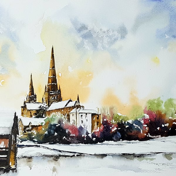 Lichfield Cathedral, Original Watercolour Painting.